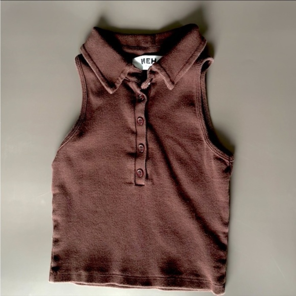 Brown Ribbed‎ Polo Sleeveless Top - Size S